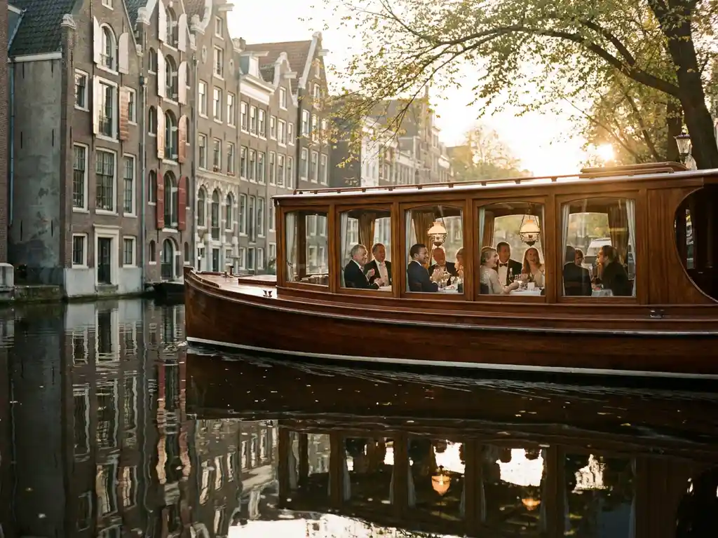 Klassieke overdekte Nederlandse salonboot uit 1910 vaart door smalle Amsterdamse grachten met historische grachtenpanden