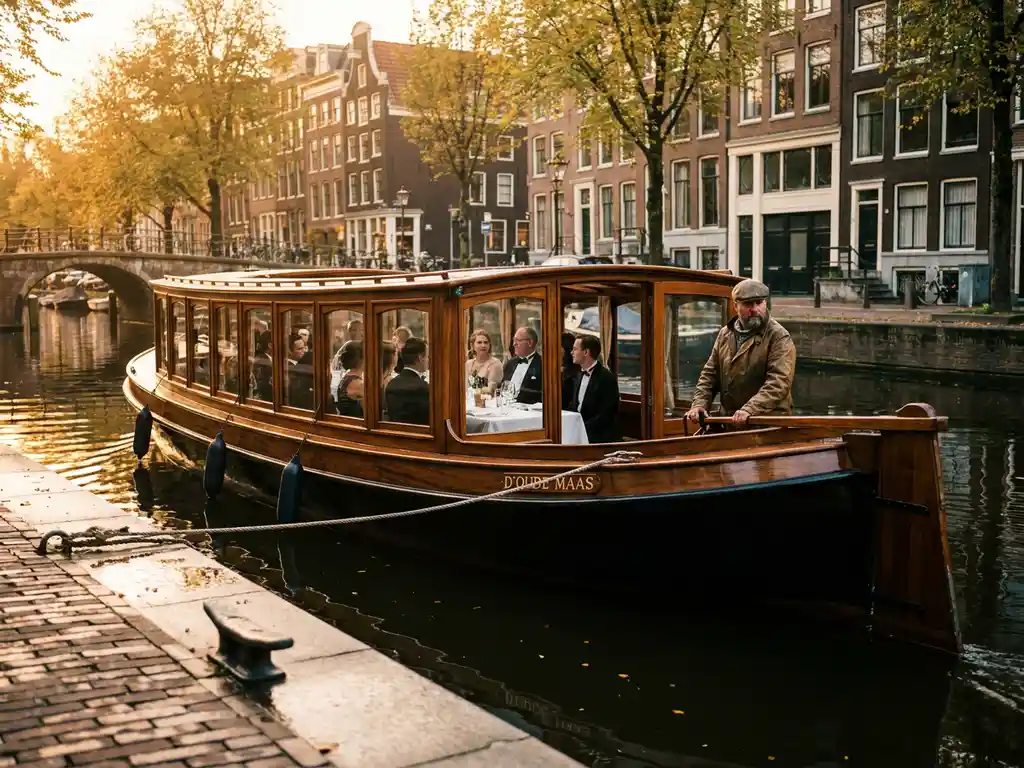 Klassieke overdekte Nederlandse salon tjalk uit 1910 vaart door smalle Amsterdamse grachten met historische 17e-eeuwse grachtenpanden