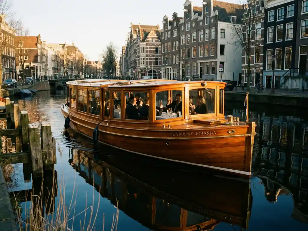 Klassieke overdekte tjalk uit 1910 vaart door smalle Amsterdamse gracht met dinerende gasten aan boord, historische grachtenpanden weerspiegelen in het water