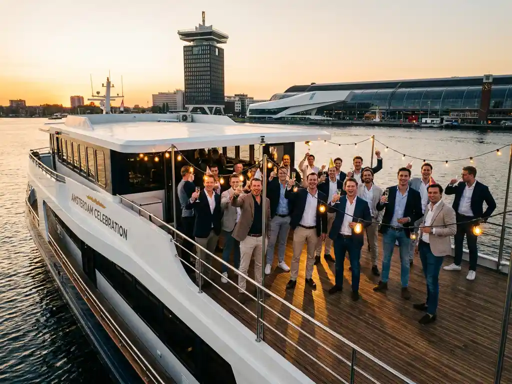 Luxe evenementenschip met bachelor party gasten die champagne heffen op open dek, Amsterdam skyline met A'DAM Tower op achtergrond