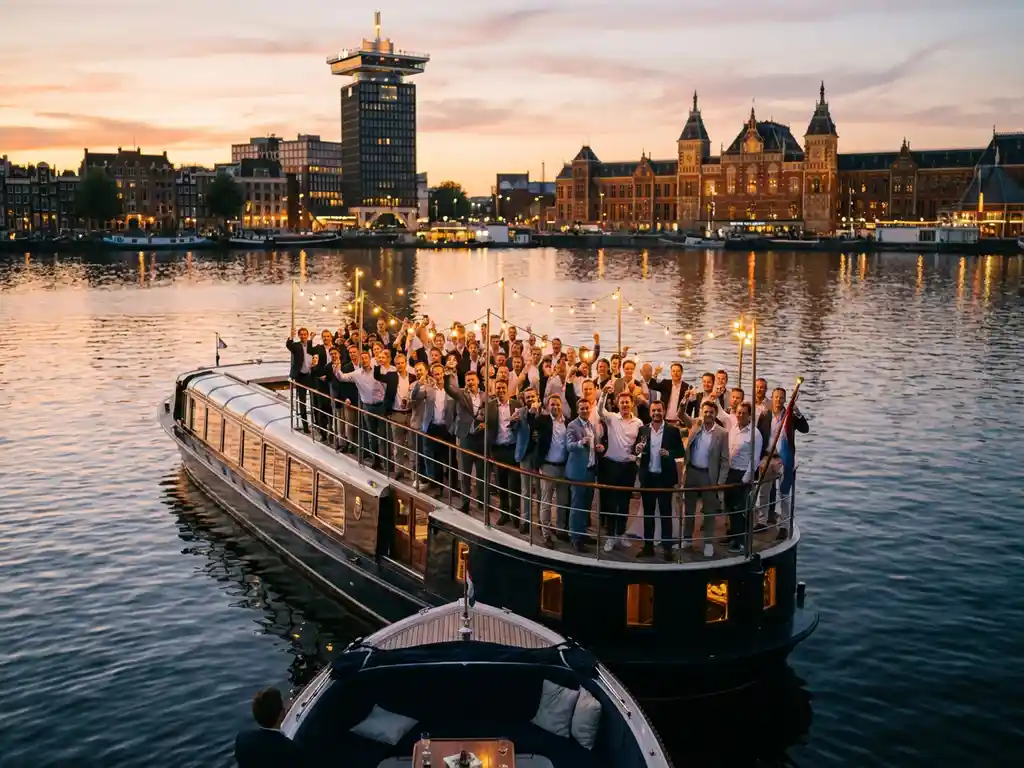 Luxe evenementenboot met bachelor party gasten onder sfeerverlichting op Amsterdamse gracht bij zonsondergang
