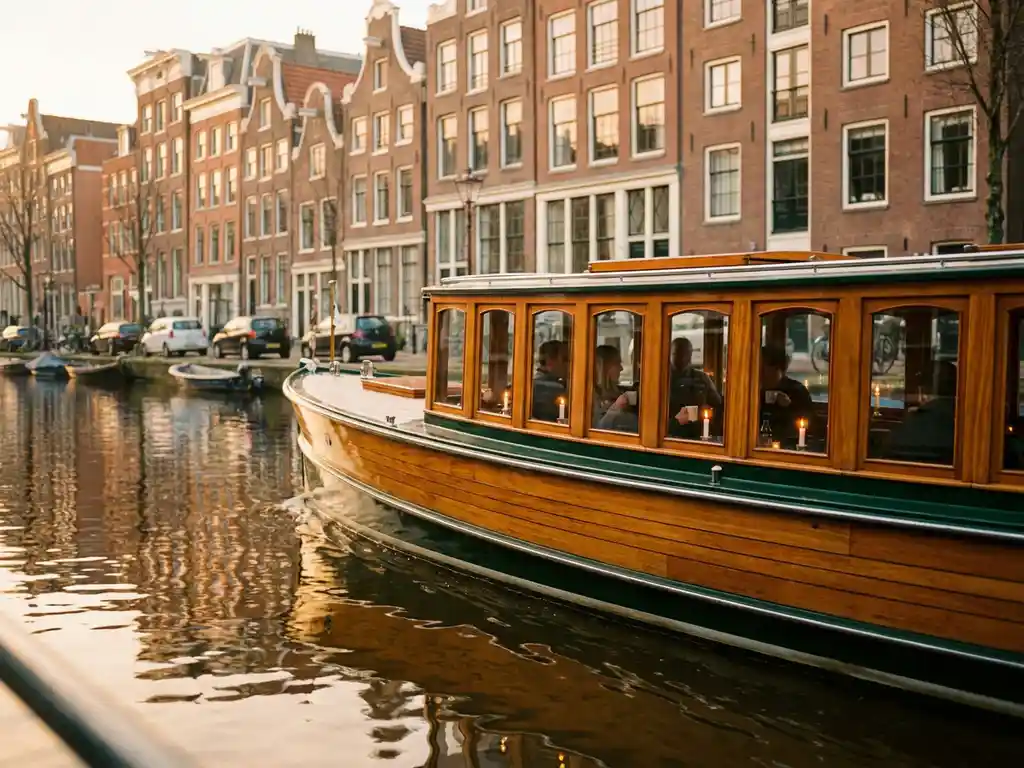 Historische salon tjalk met glanzend irokohout vaart door Amsterdamse grachten bij gouden uur, gasten zichtbaar achter ramen.