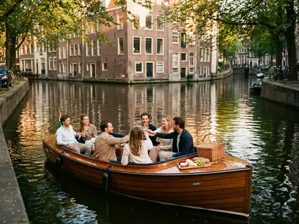 Vrienden proosten met wijnglazen op een elektrische sloep in Amsterdamse gracht bij gouden uur, met historische gevels en picknickmandje.