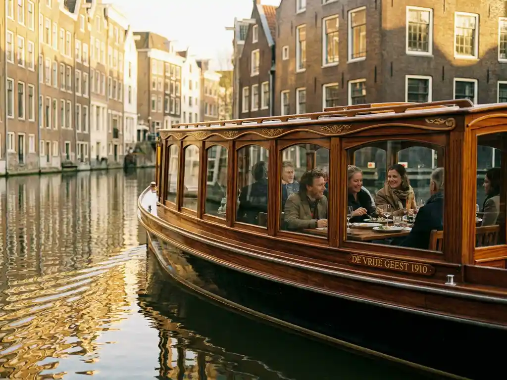 Historische gedekte salon tjalk uit 1910 vaart door Amsterdamse grachten, gasten dineren zichtbaar achter glazen ramen, gouden-uur licht.