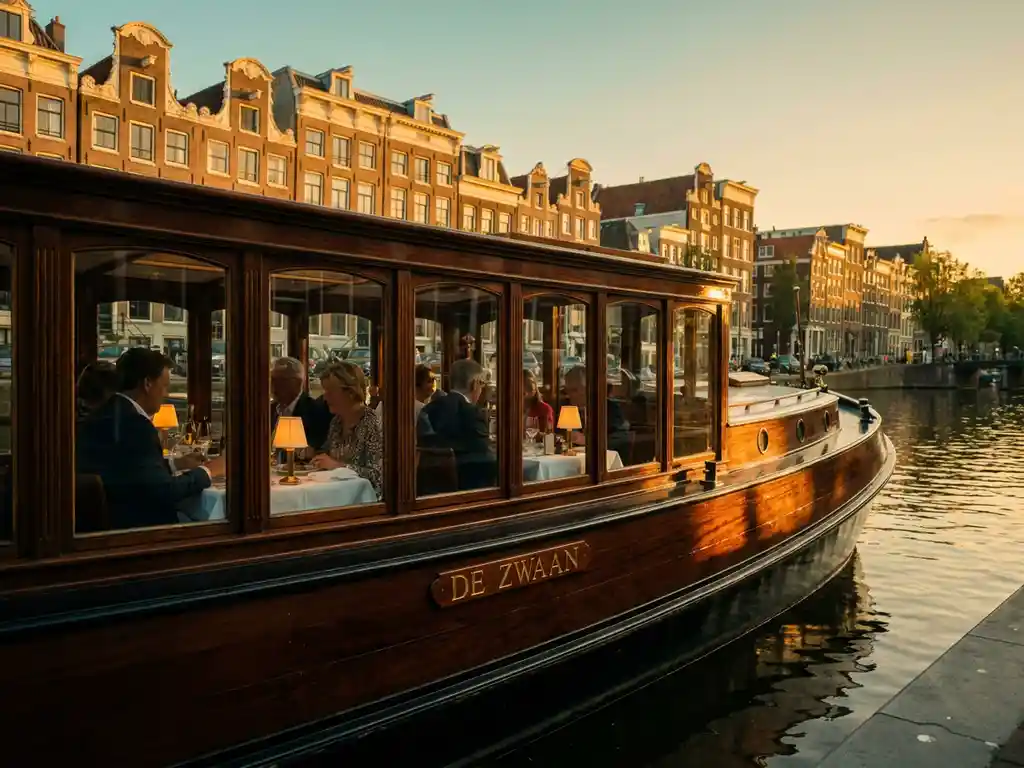 Historische gedekte salon tjalk uit 1910 vaart door Amsterdamse grachten, met gouden gevels en dinerende gasten zichtbaar door de ramen.