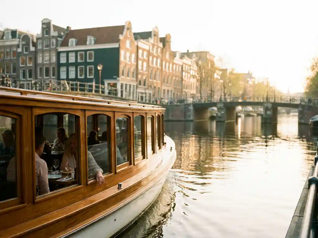 Historisch gedekte salon tjalk uit 1910 vaart door Amsterdamse grachten, met glanzend irokohout en dinerende gasten achter salonsramen bij gouden uur.