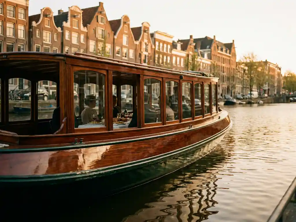 Historische gedekte salon tjalk uit 1910 vaart door Amsterdamse grachten, gasten dineren zichtbaar achter glazen ramen, gouden uurticht.