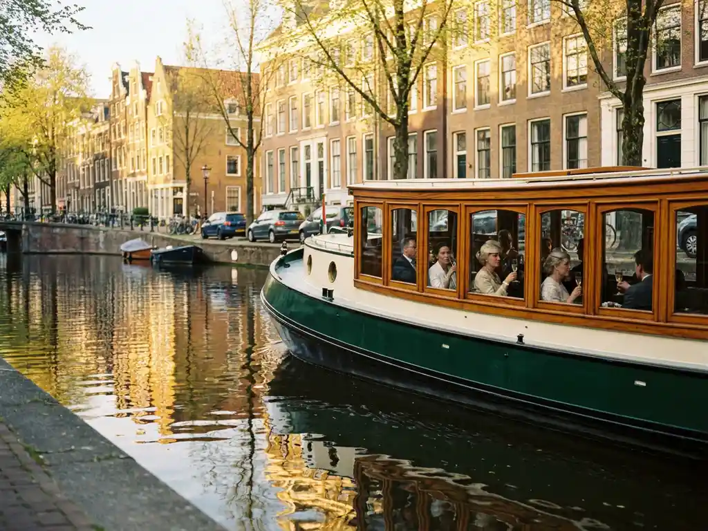 Historische gedekte salon tjalk uit 1910 vaart door Amsterdamse grachten, gasten heffen champagneglazen achter glazen ramen, grachtenpanden weerspiegeld in kalm water.
