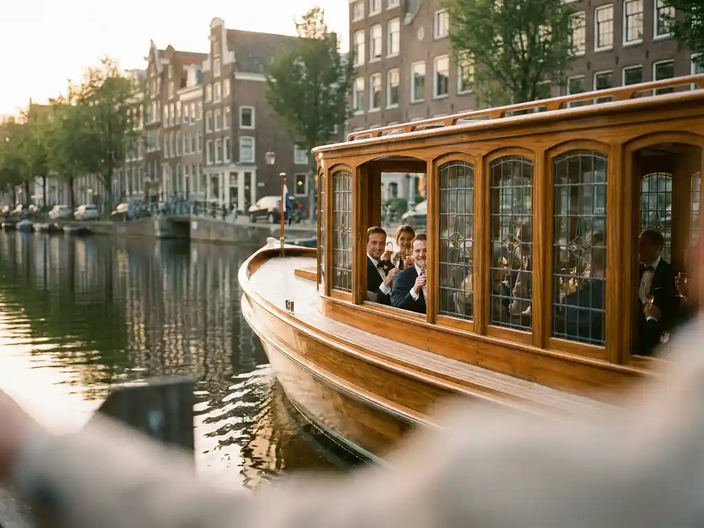 Klassieke salon tjalk vaart door Amsterdamse grachten bij gouden uur, glanzend iroko hout, gasten zichtbaar door ramen met glazen in de hand.