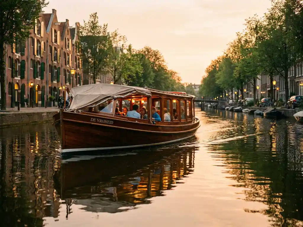 Historische gedekte tjalk met gepolijste irokohhouten romp vaart door Amsterdamse grachten bij gouden uursbelichting, met gevels op de achtergrond.