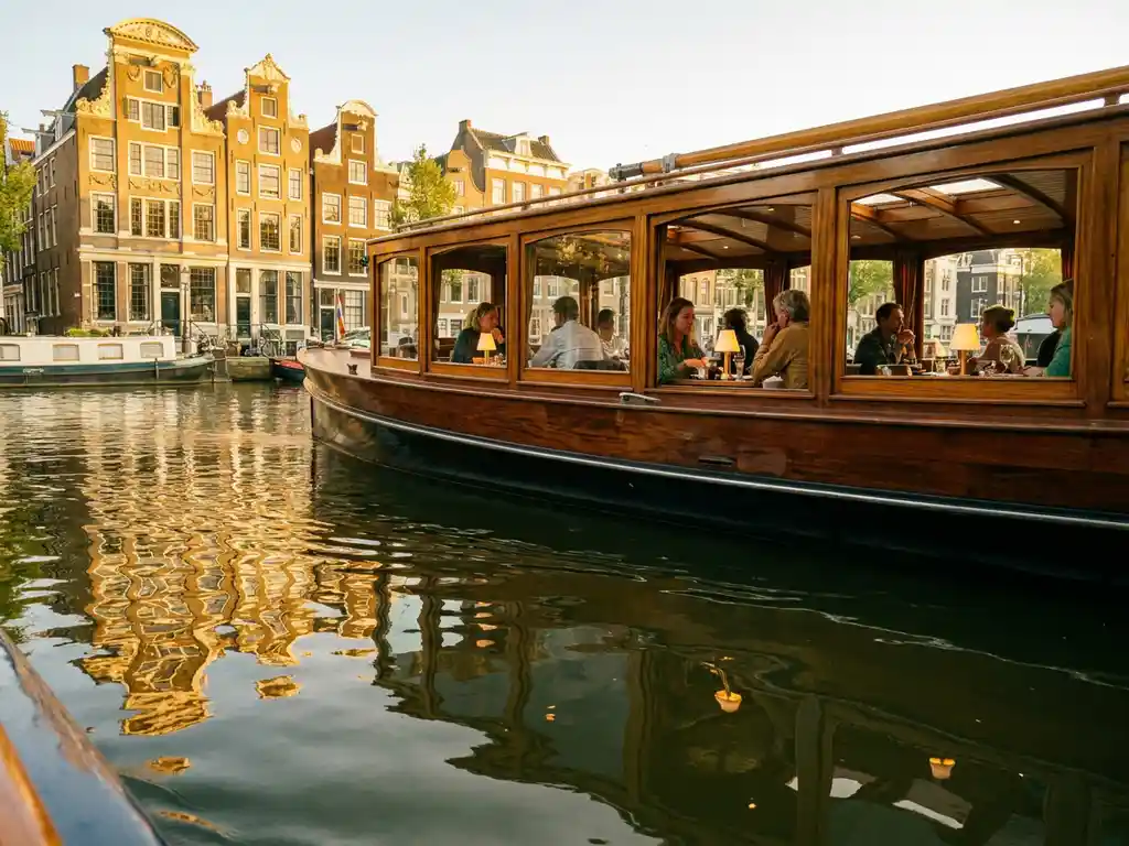 Historische salon tjalk uit 1910 vaart door Amsterdamse grachten, gasten dineren in glazen salon, gouden gevels spiegelen in het water.