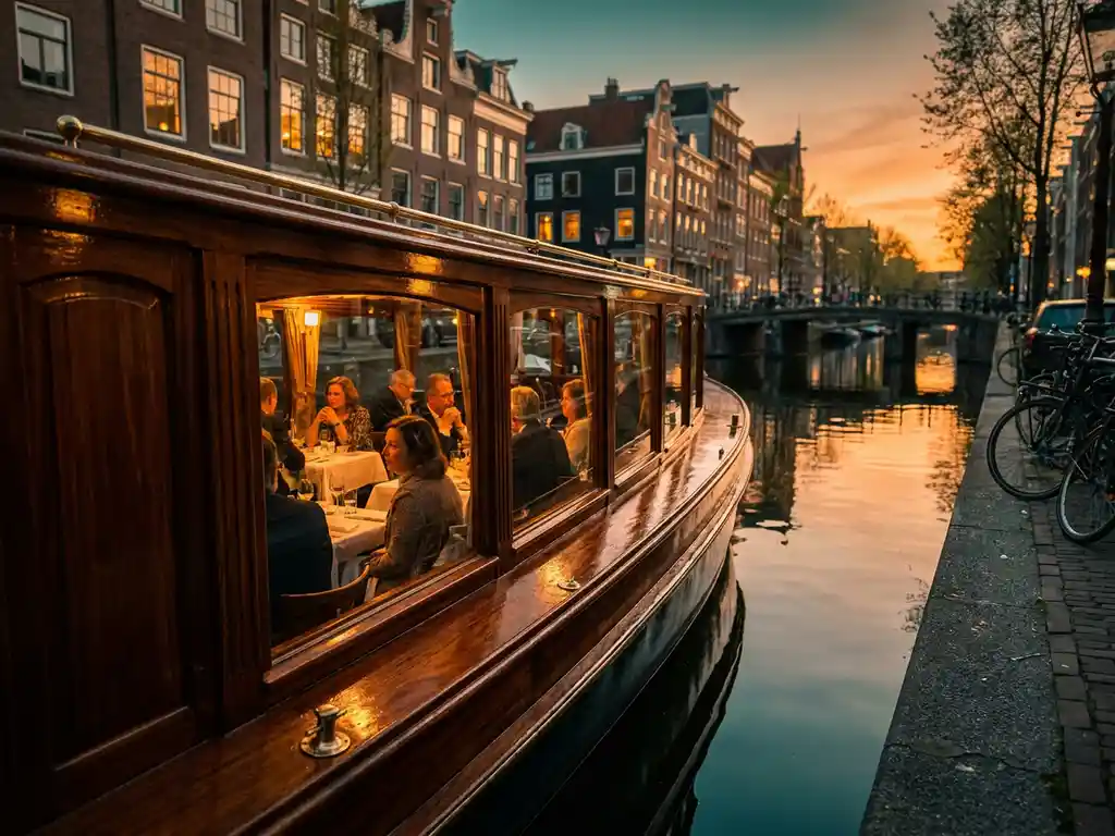 Historische gedekte tjalk uit 1910 vaart door Amsterdamse grachten, glanzend irokohout, gasten dineren achter saloonramen, gouden-uurlicht.