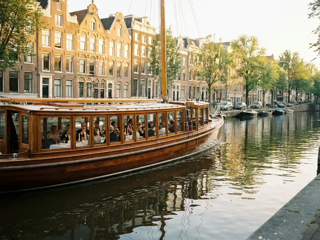 Klassieke salon tjalk uit 1910 vaart door Amsterdamse grachten met spiegelend water en gouden gevels op warme lentemiddag.