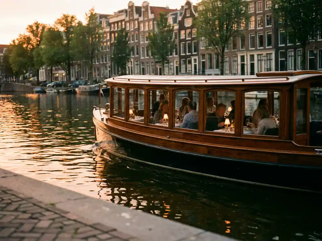 Historische gedekte salon tjalk uit 1910 vaart door Amsterdamse grachten, met glanzend irokohout en dinerende gasten zichtbaar door de ramen.