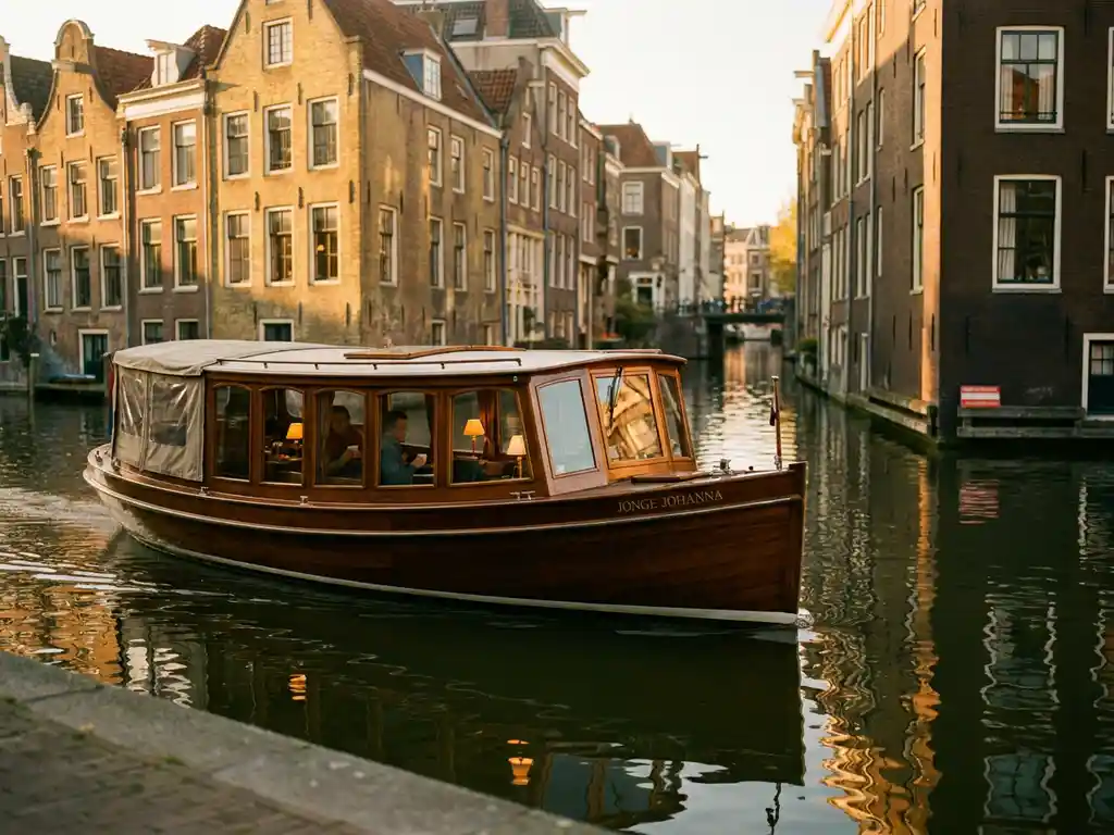 Gedekte salon tjalk vaart door Amsterdamse gracht, gepolijste iroko romp weerspiegeld in kalm water, historische grachtenpanden op achtergrond.