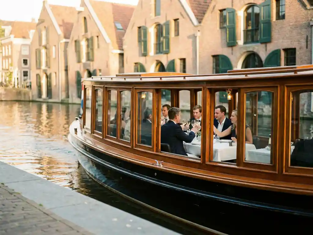 Klassieke gedekte salon tjalk vaart door Amsterdamse grachten, met etende gasten zichtbaar door glazen ramen en historische gevels weerspiegeld in het water.