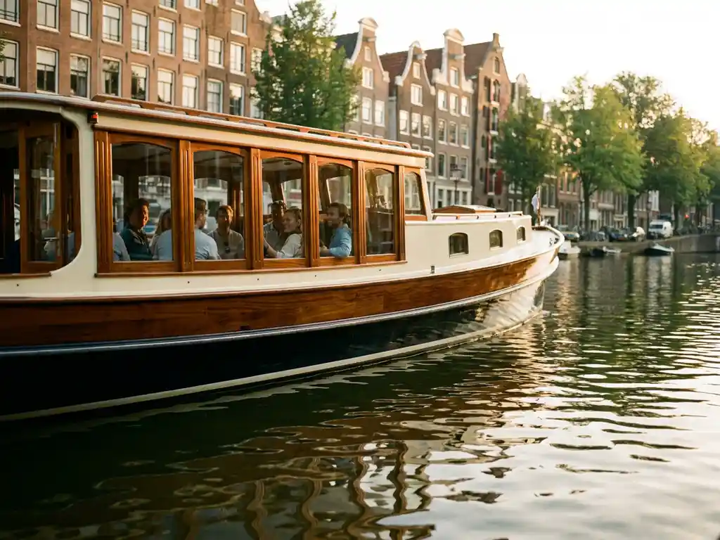 Historische salon tjalk met gepolijste irokohout romp vaart door de Amsterdamse grachten bij gouden uurgicht, gevels op achtergrond.