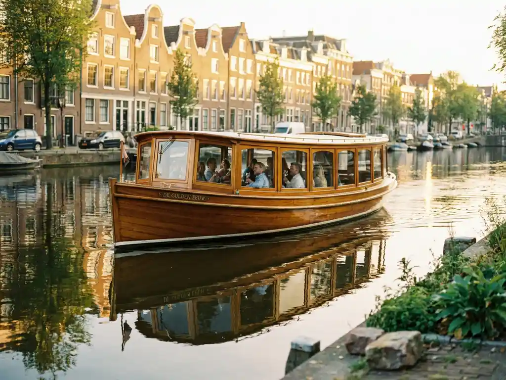 Klassieke gedekte salon tjalk vaart door Amsterdamse gracht, glanzende irokohout romp spiegelt in kalm water, historische gevels op achtergrond.