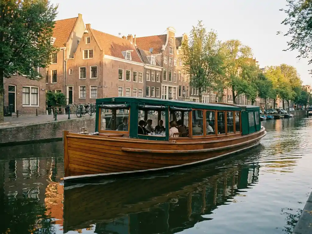 Klassieke gedekte salontjalk vaart door Amsterdamse grachten, met gepolijst iroko houten romp en historische gevels op de achtergrond.