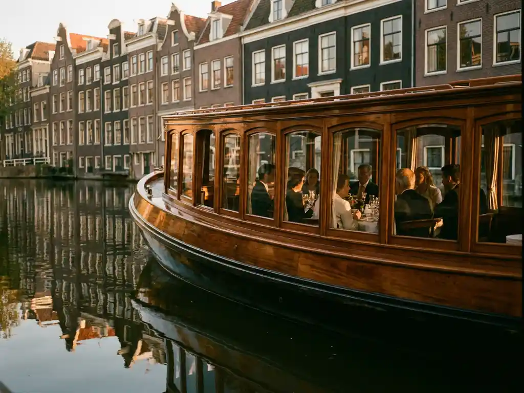 Historische gedekte salon tjalk uit 1910 vaart door Amsterdamse grachten, met glanzend iroko houten romp en gasten zichtbaar achter salonsramen.