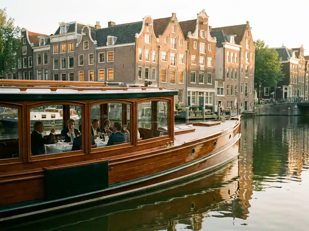 Historisch gedekte tjalk uit 1910 vaart door Amsterdamse grachten, met glanzend irokohout en dinende gasten achter glazen salonramen.