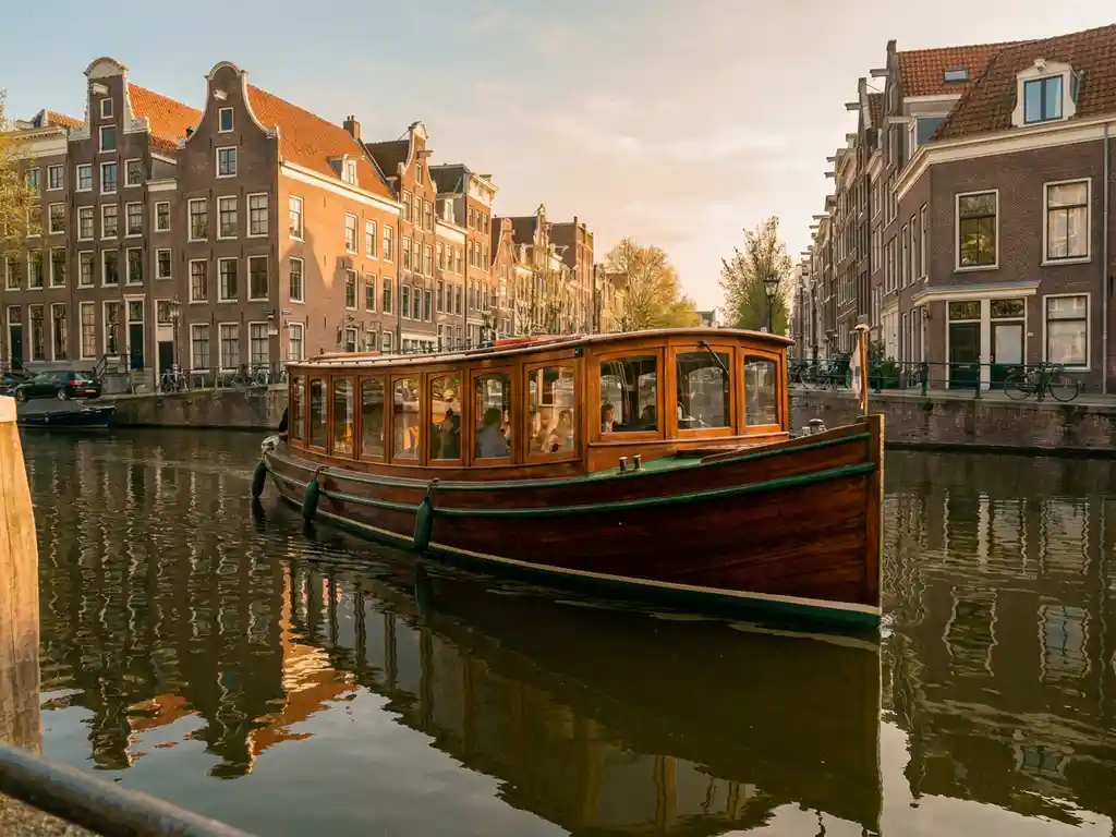Historische gedekte salon tjalk vaart door de Amsterdamse grachten, met gepolijste irokohout romp en trapgevels op de achtergrond.