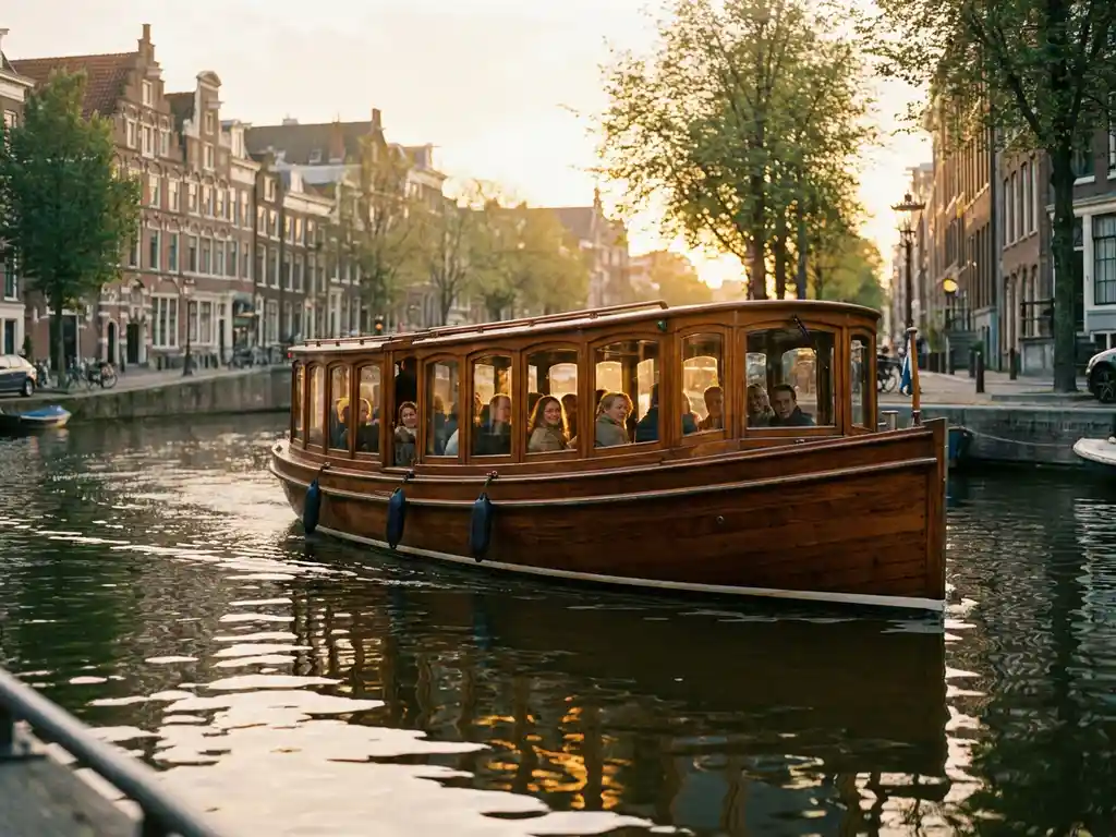 Historische salon tjalk met gepolijste irokohout romp vaart door Amsterdamse grachten bij gouden uurstemming.