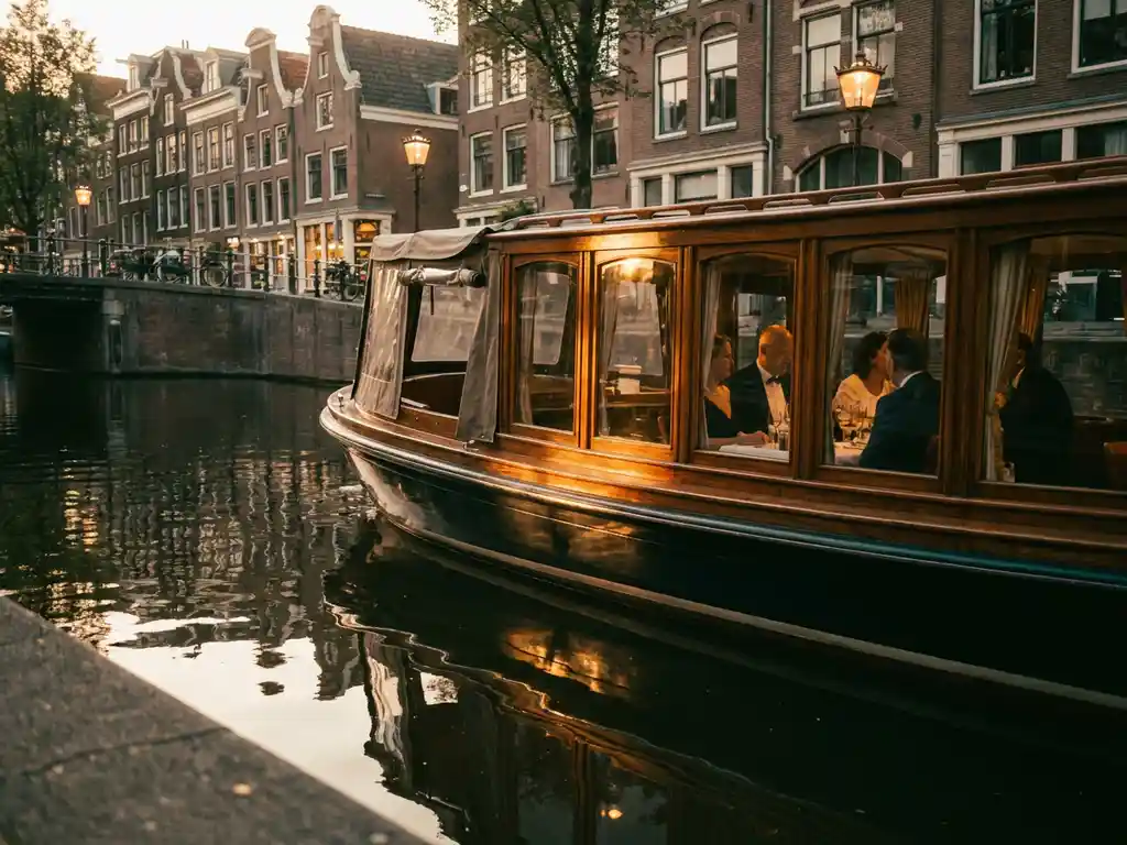 Klassieke salon tjalk vaart door Amsterdamse grachten, met dinerende gasten, gepolijst iroko hout en weerspiegelde trapgevels in het water.