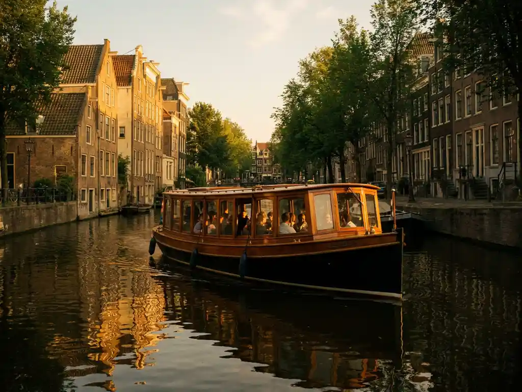 Gedekte salon-tjalk vaart door Amsterdamse gracht, met gepolijst iroko hout en historische gevels weerspiegeld in het stille water.