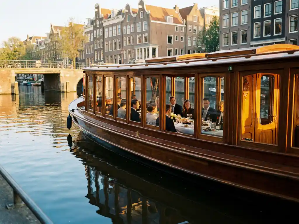 Klassieke salon tjalk uit 1910 vaart door Amsterdamse grachten, met dinerende gasten zichtbaar achter verlichte salonramen en historische gevels in het water.