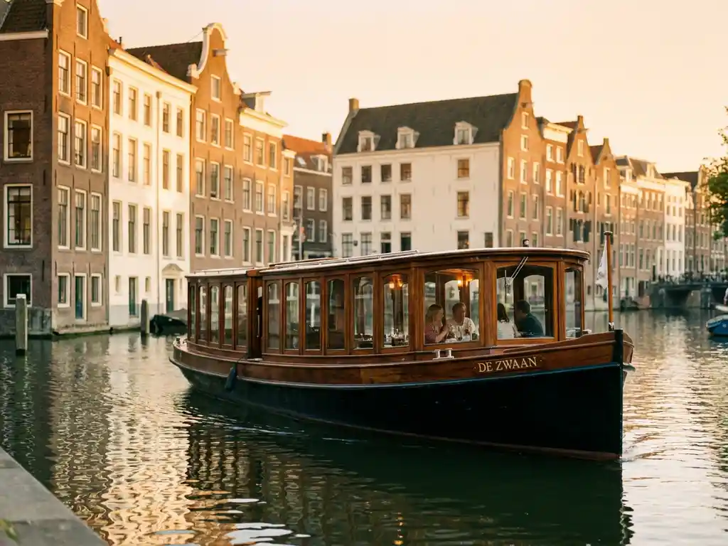 Klassieke gedekte salon tjalk vaart door Amsterdamse grachten, gepolijste iroko houten romp weerspiegeld in kalm water, historische gevels op achtergrond.