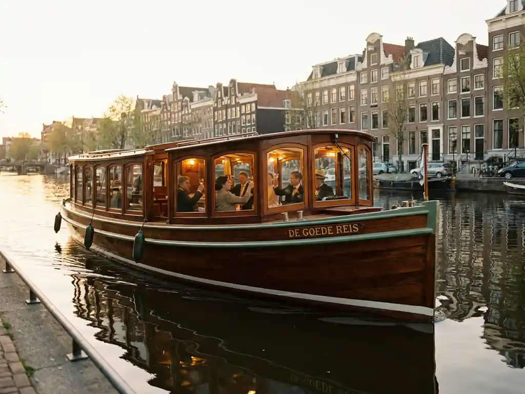 Historische gedekte salon tjalk uit 1910 vaart door Amsterdamse grachten, met glanzend irokohout en gasten zichtbaar achter ramen in gouden avondlicht.