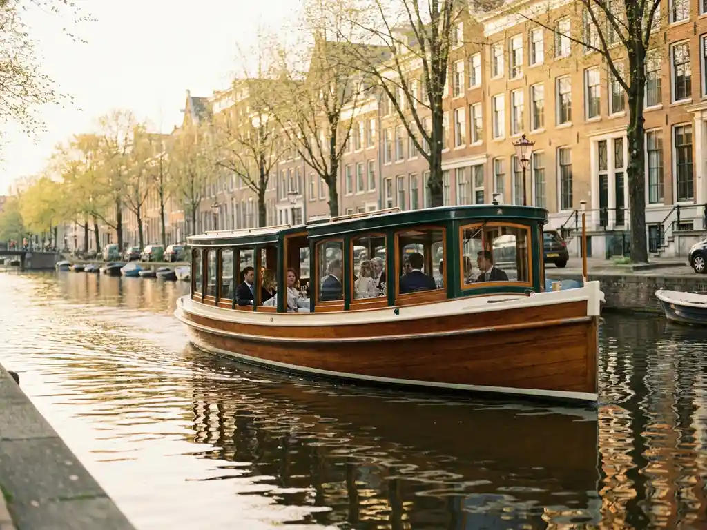 Historische gedekte salontjalk vaart door Amsterdamse grachten, met gepolijste iroko houten romp en gevelhuizen op de achtergrond.