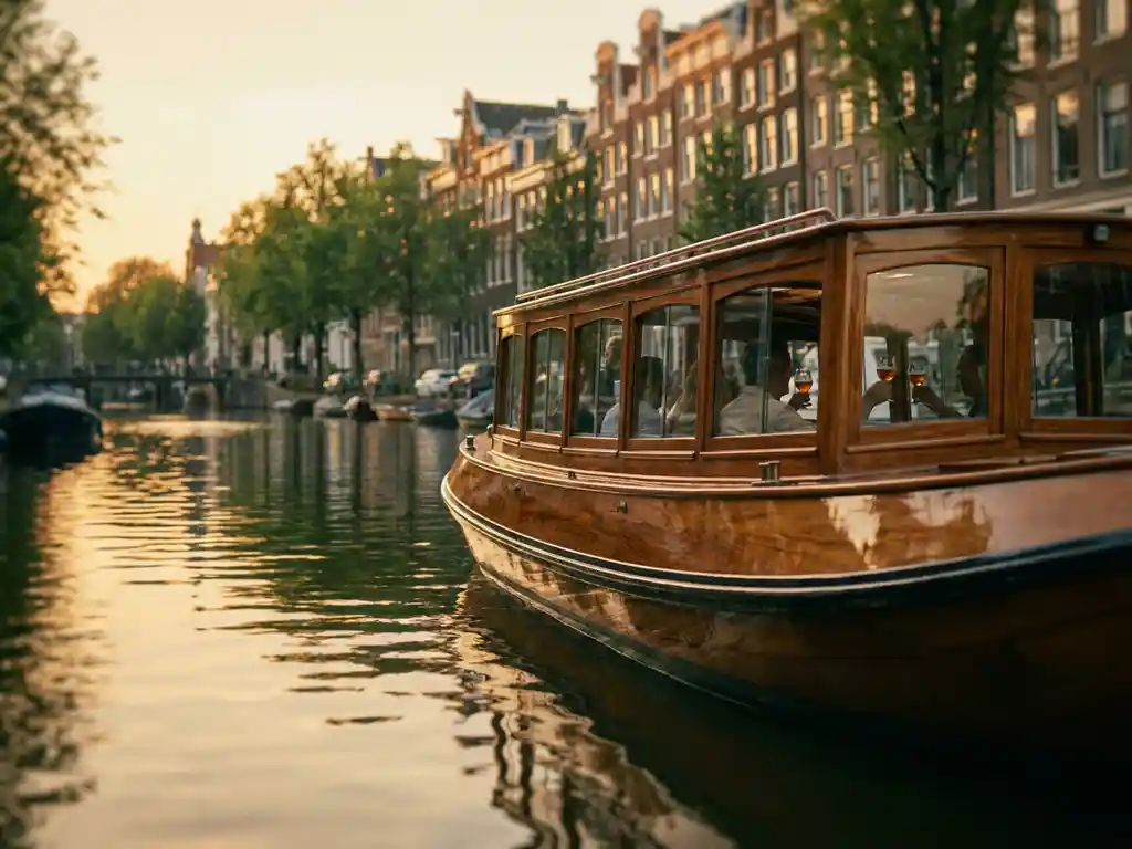 Historische gedekte salon tjalk uit 1910 vaart door Amsterdamse grachten bij gouden uur, met iroko houten romp en klassieke gevels op de achtergrond.