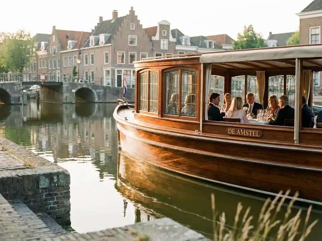 Historische gedekte salon tjalk uit 1910 vaart door Amsterdamse grachten, glanzend iroko hout, gasten dineren achter glazen ramen, gouden avondlicht.