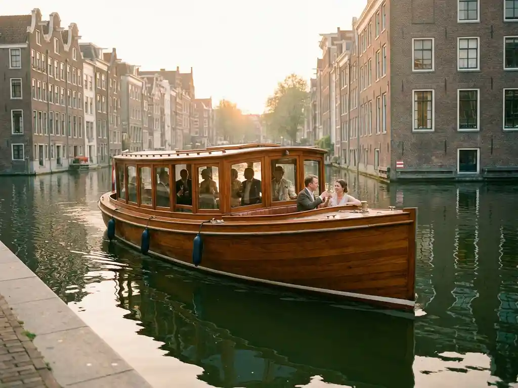 Historische gedekte salon tjalk uit 1910 vaart door Amsterdamse grachten bij gouden uur, met glanzend irokohout en gasten zichtbaar door ramen.
