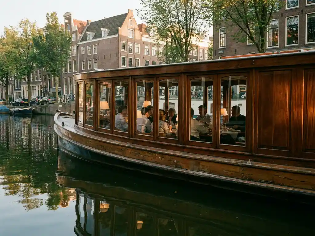 Historische gedekte salon tjalk uit 1910 vaart door Amsterdamse grachten bij gouden uur, met glanzend irokohout en dinende gasten achter ramen.