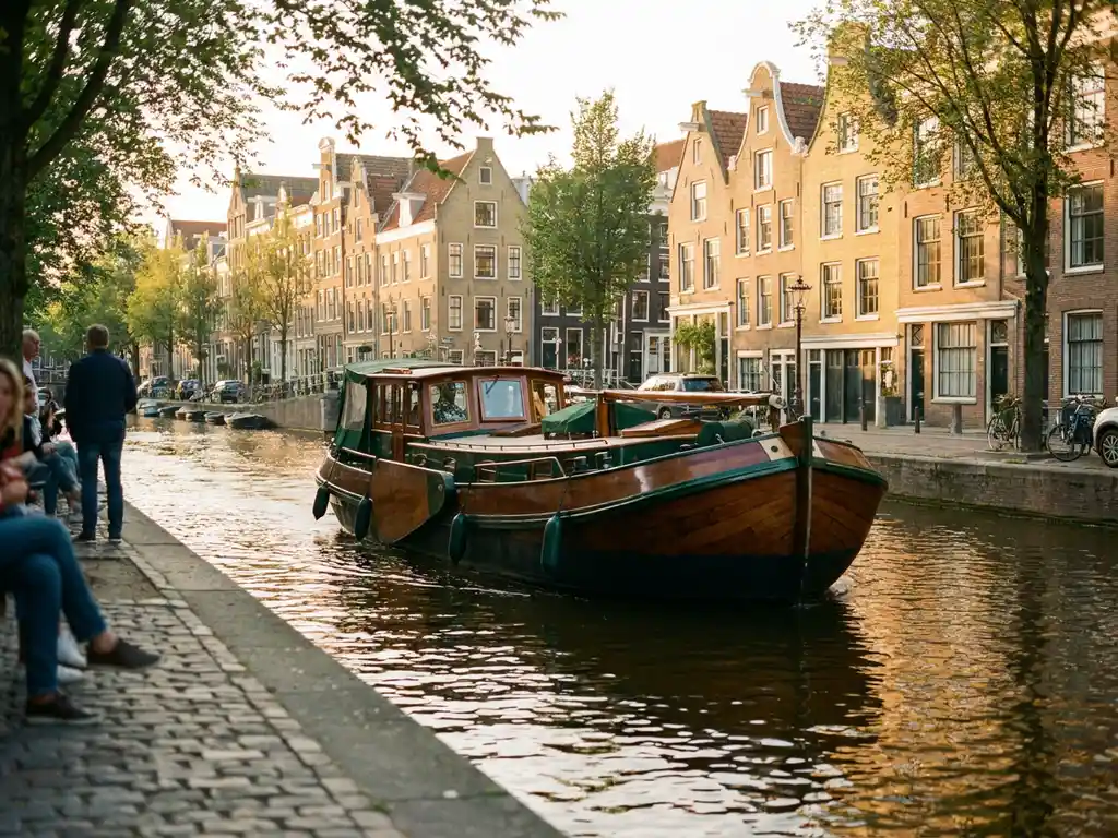 Houten salon tjalk vaart door Amsterdamse gracht, omgeven door gouden grachtenpanden in warm middaglicht.