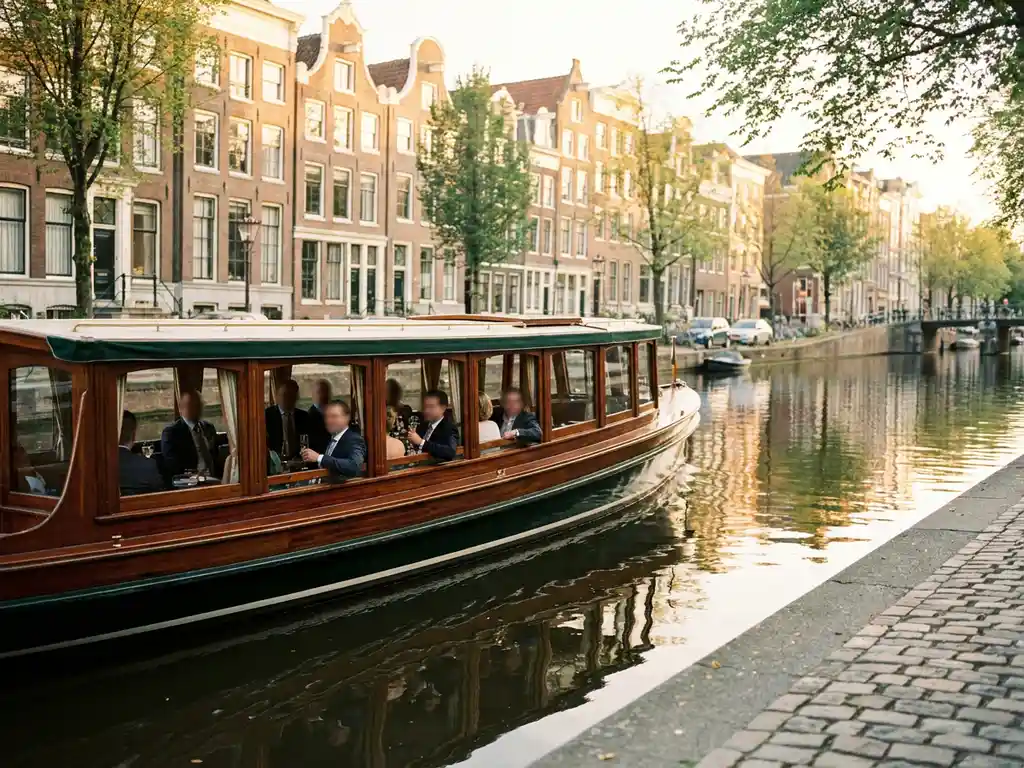 Historische gedekte salon tjalk uit 1910 vaart door Amsterdamse grachten, met glanzend irokohout en gevelreflecties in het stille water tijdens gouden uur.