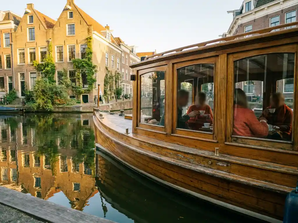 Historische gedekte salon tjalk uit 1910 vaart door Amsterdamse grachten met gouden-uur licht op de iroko houten romp.