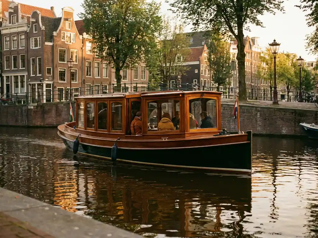 Klassieke gedekte salon tjalk vaart door Amsterdamse gracht bij gouden uur, iroko houten romp spiegelt in rustig water, gevels op achtergrond.