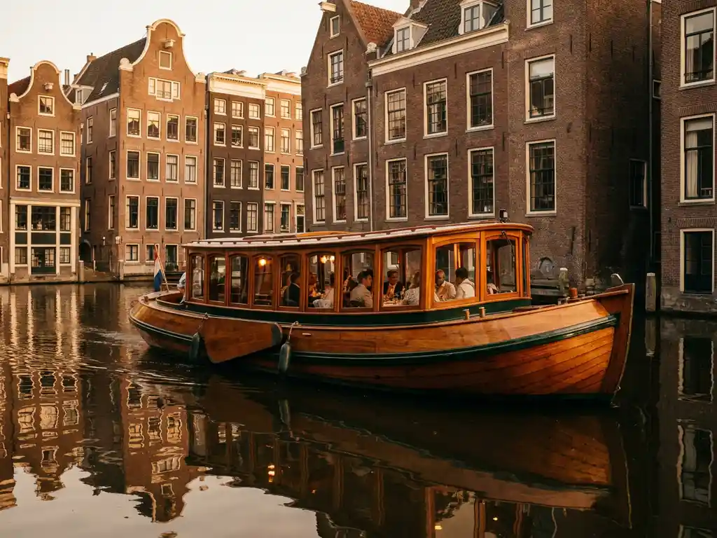 Historische salon tjalk uit 1910 vaart door Amsterdamse grachten, met gasten in de mahonie salon en gouden avondlicht.
