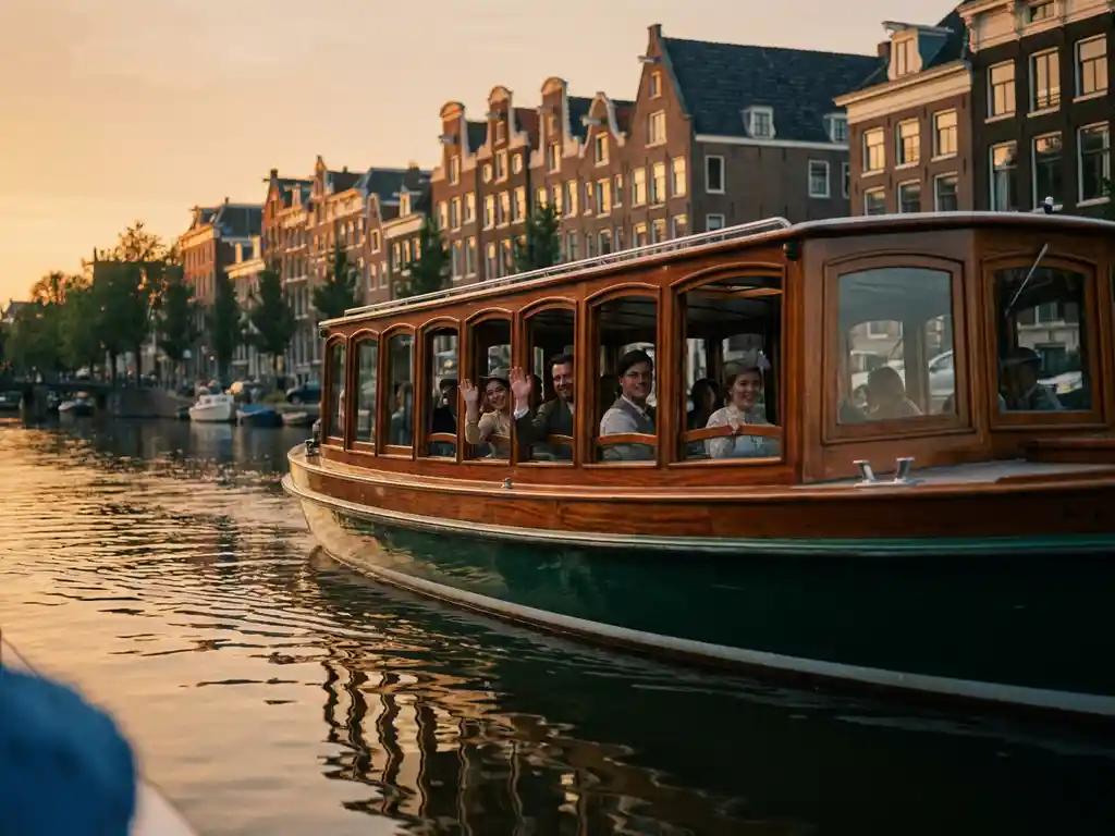 Houten Dutch salon tjalk vaart door Amsterdamse grachten bij gouden uurtje, met historische gevels en gasten zichtbaar door de ramen.