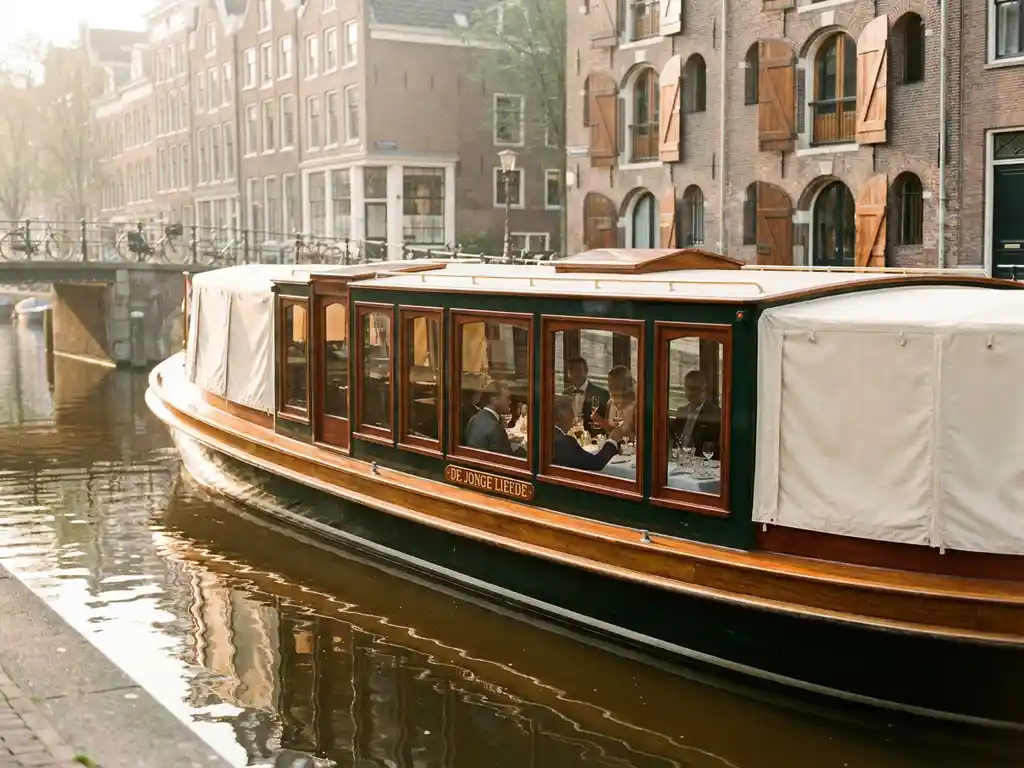 Historische salon tjalk uit 1910 vaart door Amsterdamse grachten, glanzende irokohout romp, gasten dineren in verlichte salon, gouden avondlicht.
