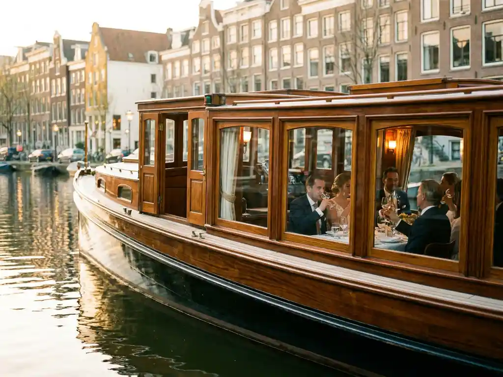Historische gedekte salon tjalk uit 1910 vaart door Amsterdamse grachten, met gouden gevels en dinerende gasten zichtbaar door glazen ramen.