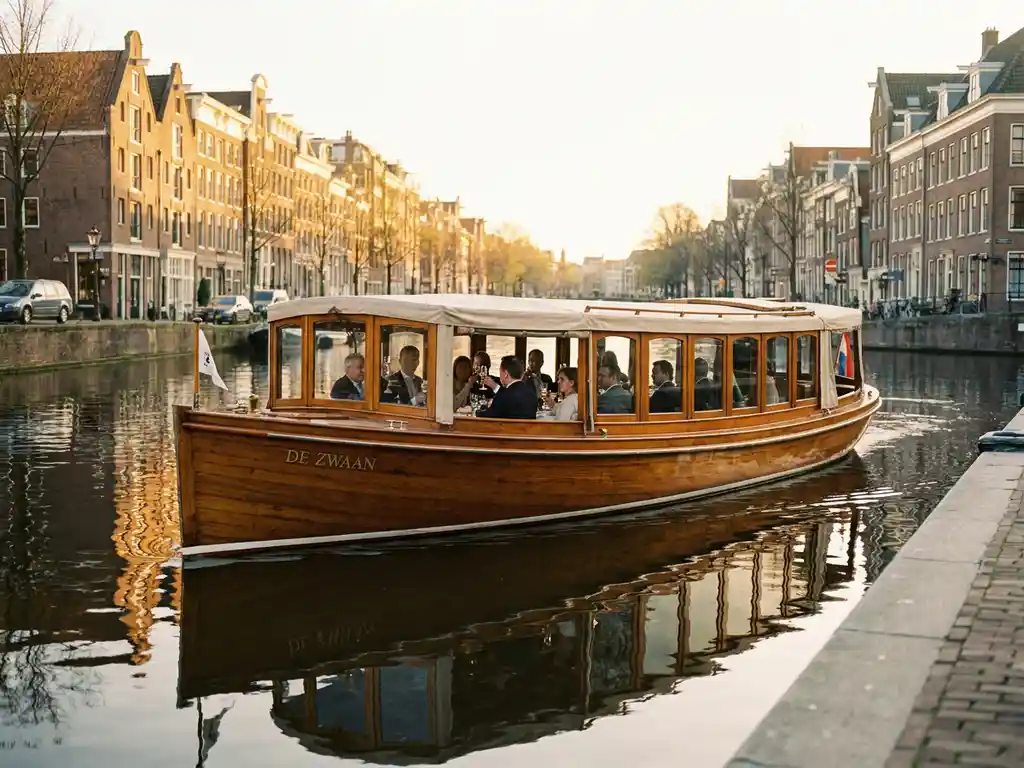 Historische gedekte salon tjalk uit 1910 vaart door Amsterdamse grachten bij gouden uurgicht, met glanzende iroko romp en grachtenpanden op achtergrond.