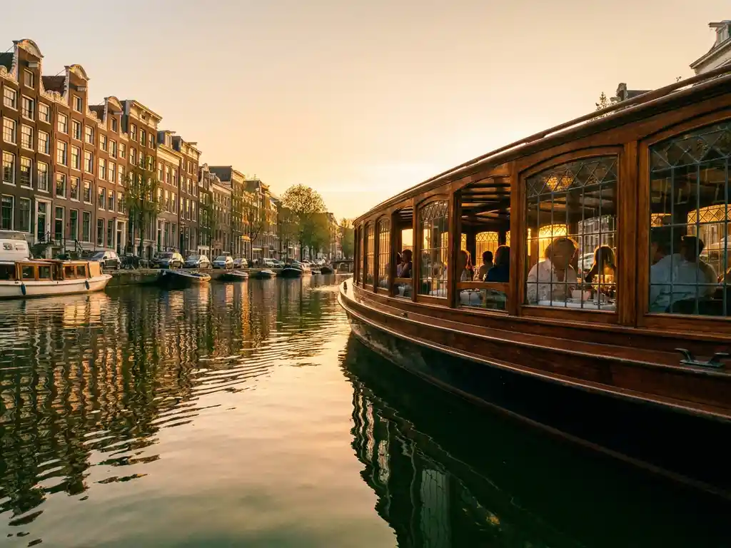 Klassieke salon tjalk vaart door Amsterdamse grachten bij gouden uur, iroko houten romp spiegelt in het kalme water.