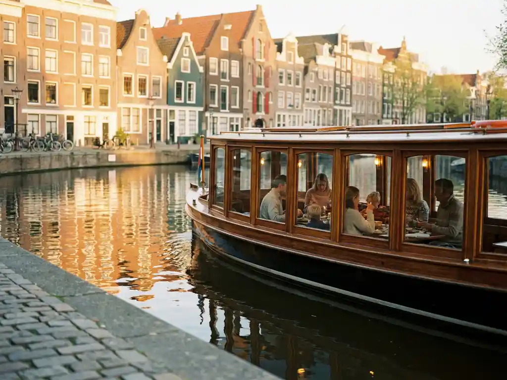 Gedekte Dutch salon tjalk vaart door Amsterdamse grachten bij gouden uur, met gepolijst iroko hout en historische gevels.