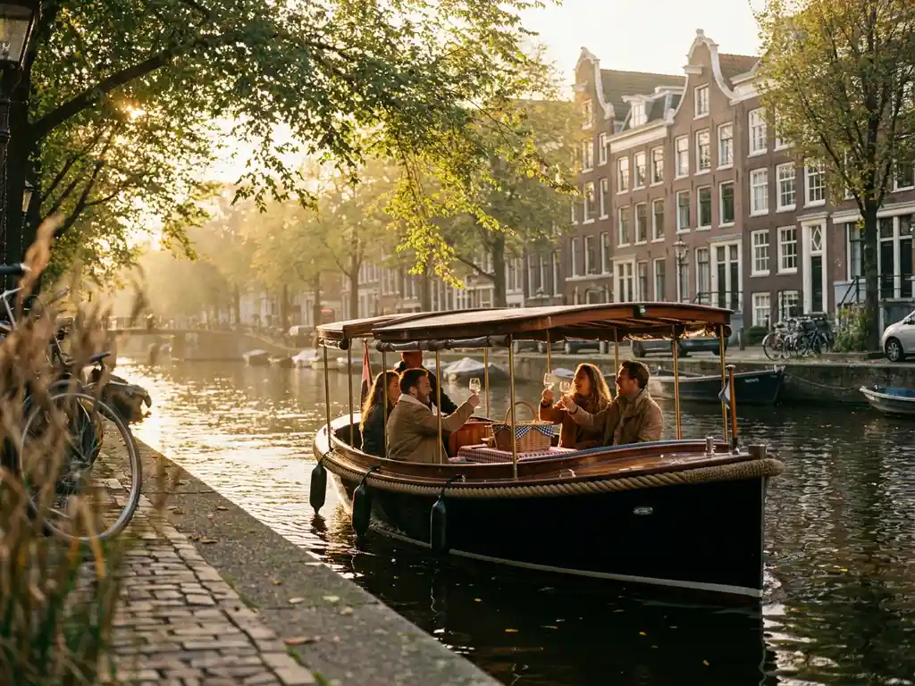 Elektrische sloep met vrienden, wijnglazen en picknickmand op Amsterdams gracht, omzoomd door historische grachtenpanden en lommerrijke bomen in gouduur licht.