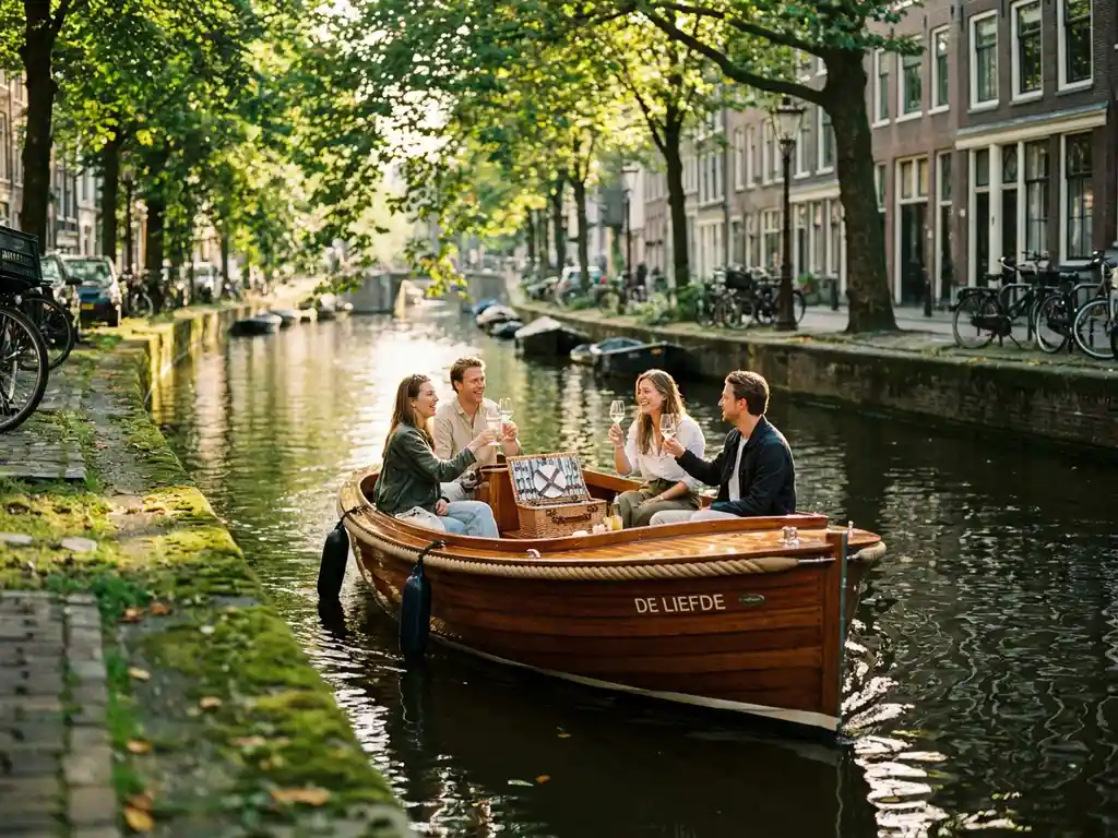 Elektrische sloep met vrienden die proosten op een Amsterdams gracht, picknickmand aan boord, gouden avondlicht door overhangende bomen.